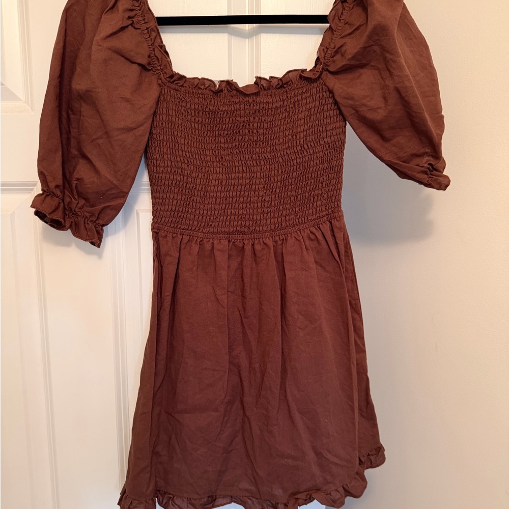 Charlie Holiday Smocked Mini Dress in Brown